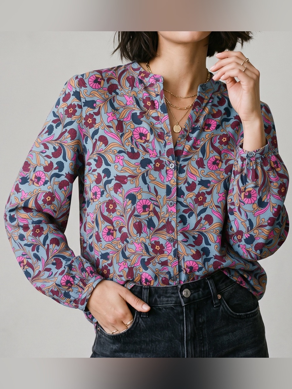 Boden Floral Blouse Button Up Top Size Large 10R Balloon Sleeve Cotton Modal